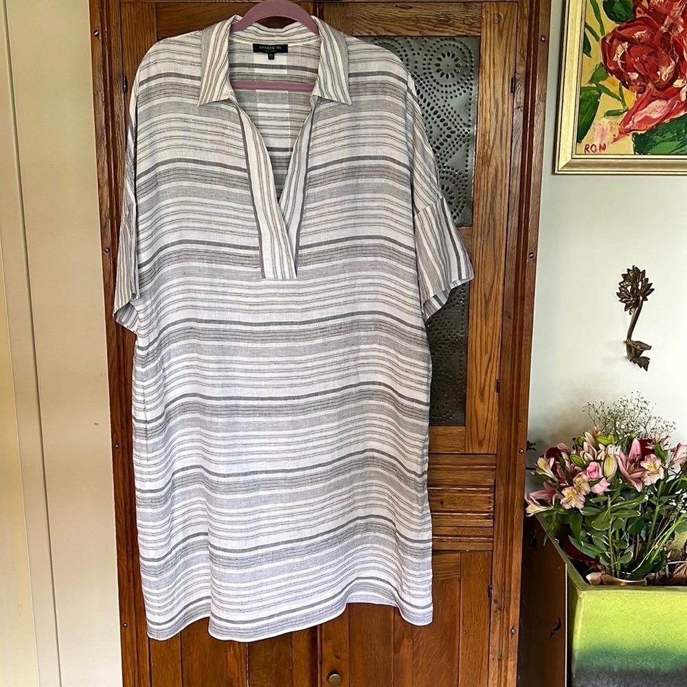 Lafayette 148 white striped linen collared shirt dress - women’s XXL
